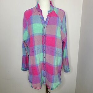 We The Free People Pink Plaid Button Down Shirt Oversized Boho‎ Size S